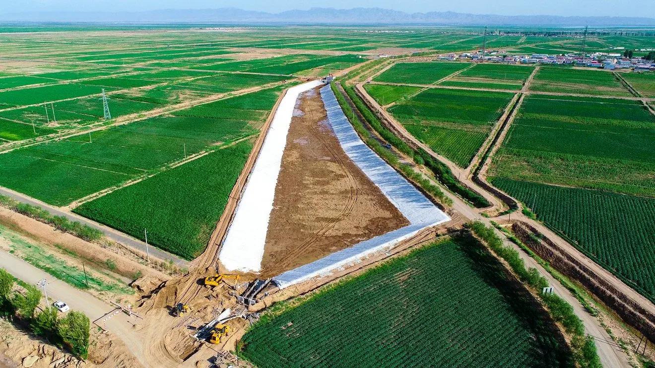 Aerial: canal lining under construction