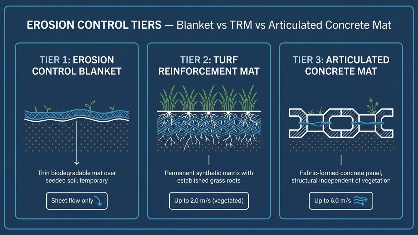 Erosion Control Blanket vs TRM vs Articulated Concrete Mat: Selection by Design Velocity