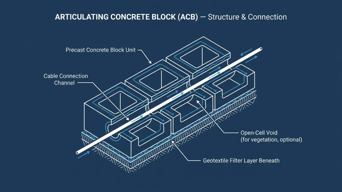 Diagram of articulating concrete block cable-connected precast unit structure