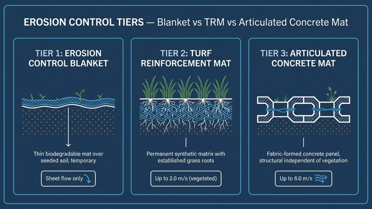 Three-tier erosion control comparison diagram showing articulated concrete block alongside other systems