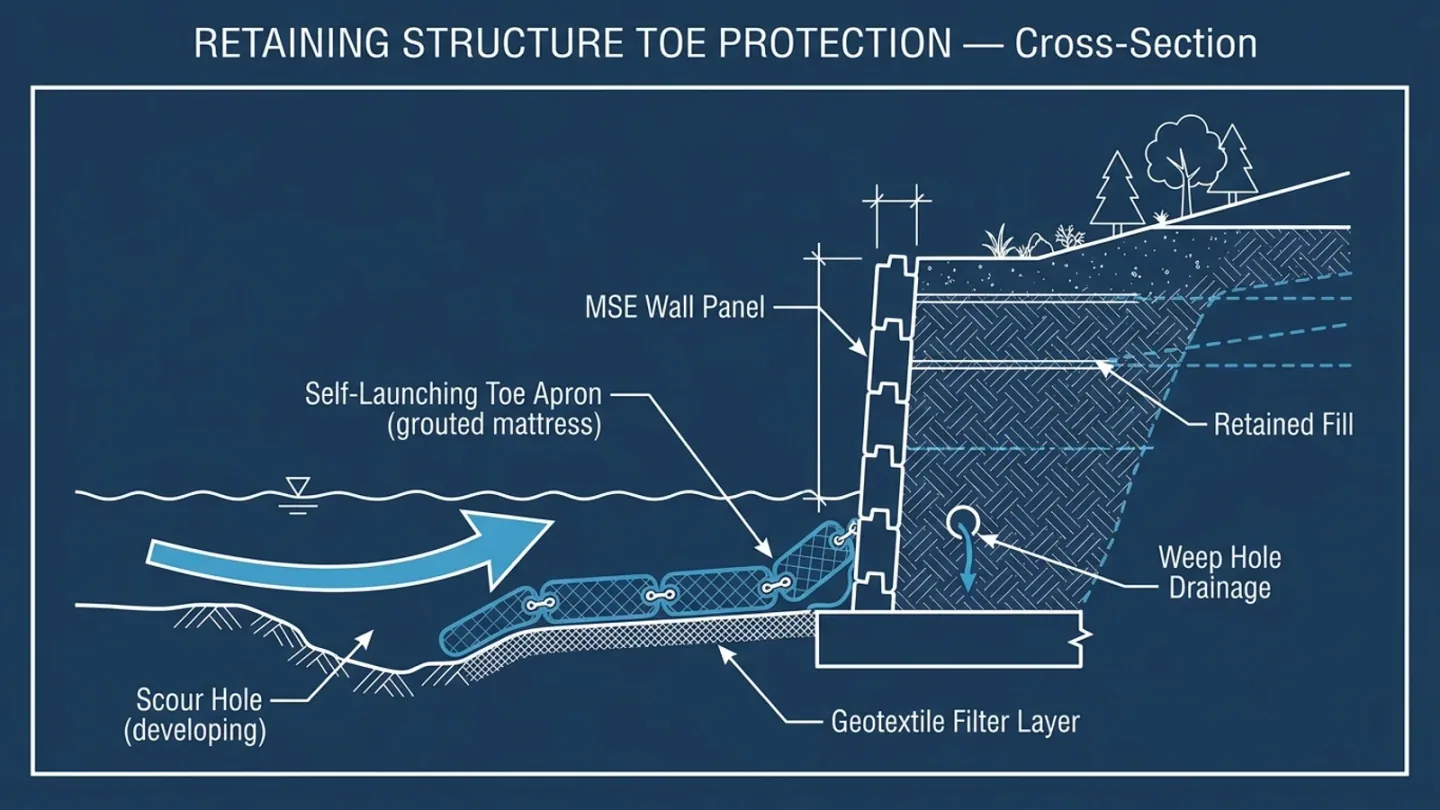 Diagram of MSE wall toe protection and self-launching apron cross-section