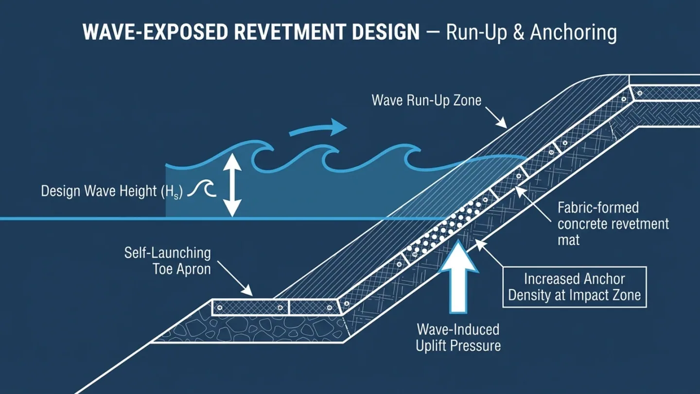Diagram of wave-exposed revetment design showing anchor density and toe apron detail