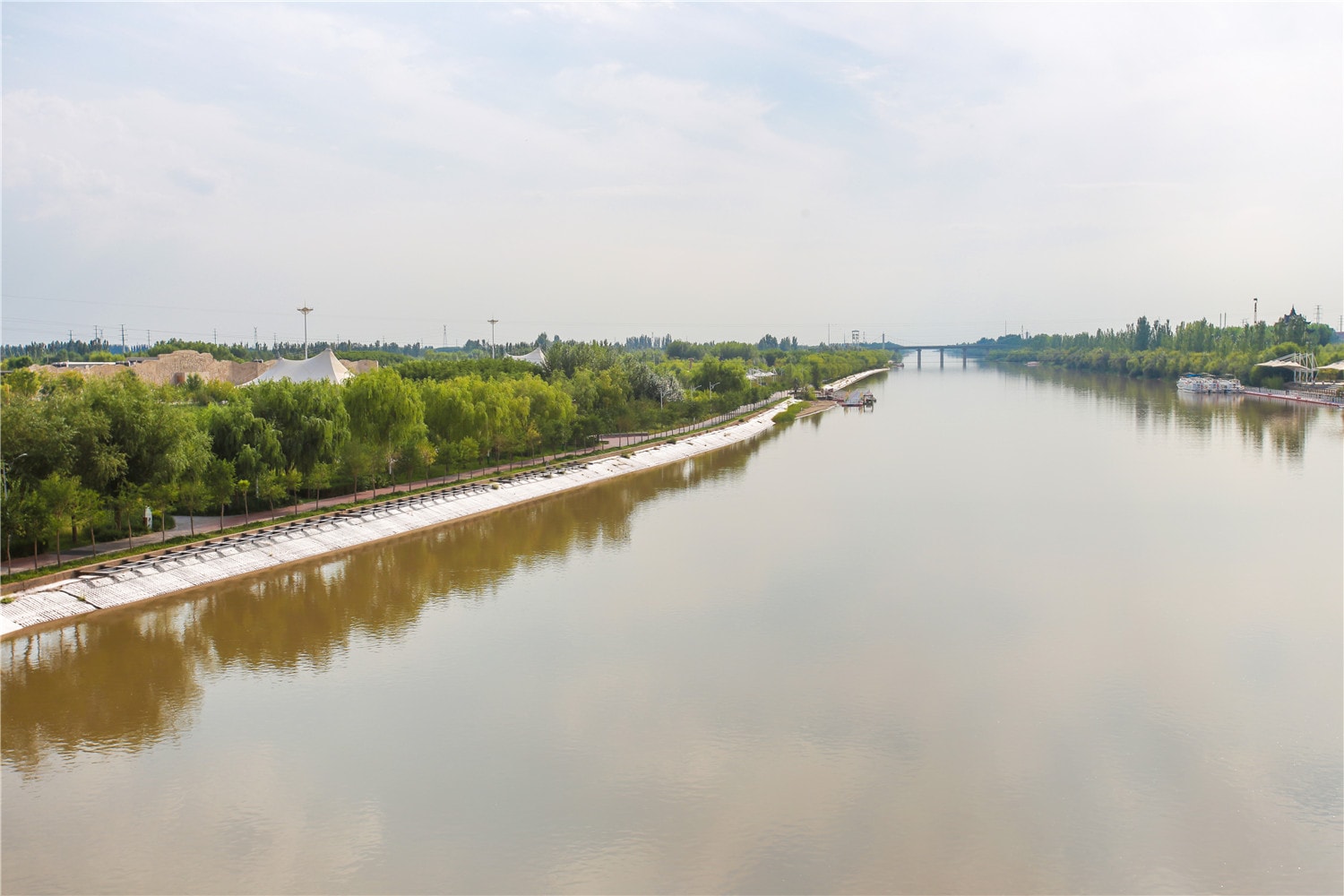 Urban river bank protection — aerial view of completed grouted mattress revetment